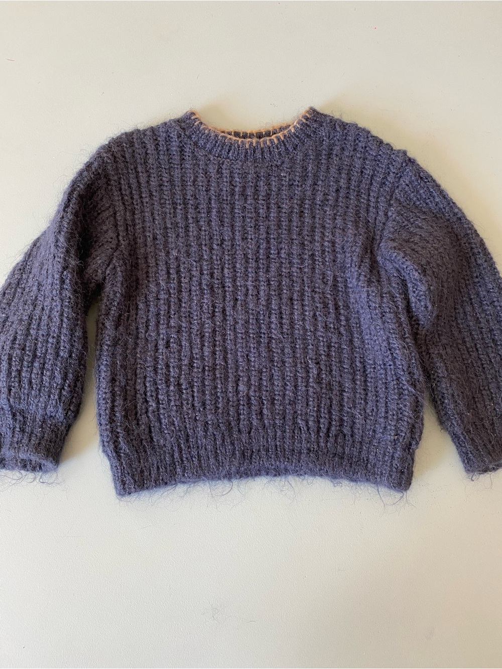 Zara Kids 3 Years Chunky Fuzzy Knit Sweater in Navy Blue with Blanket Stitch